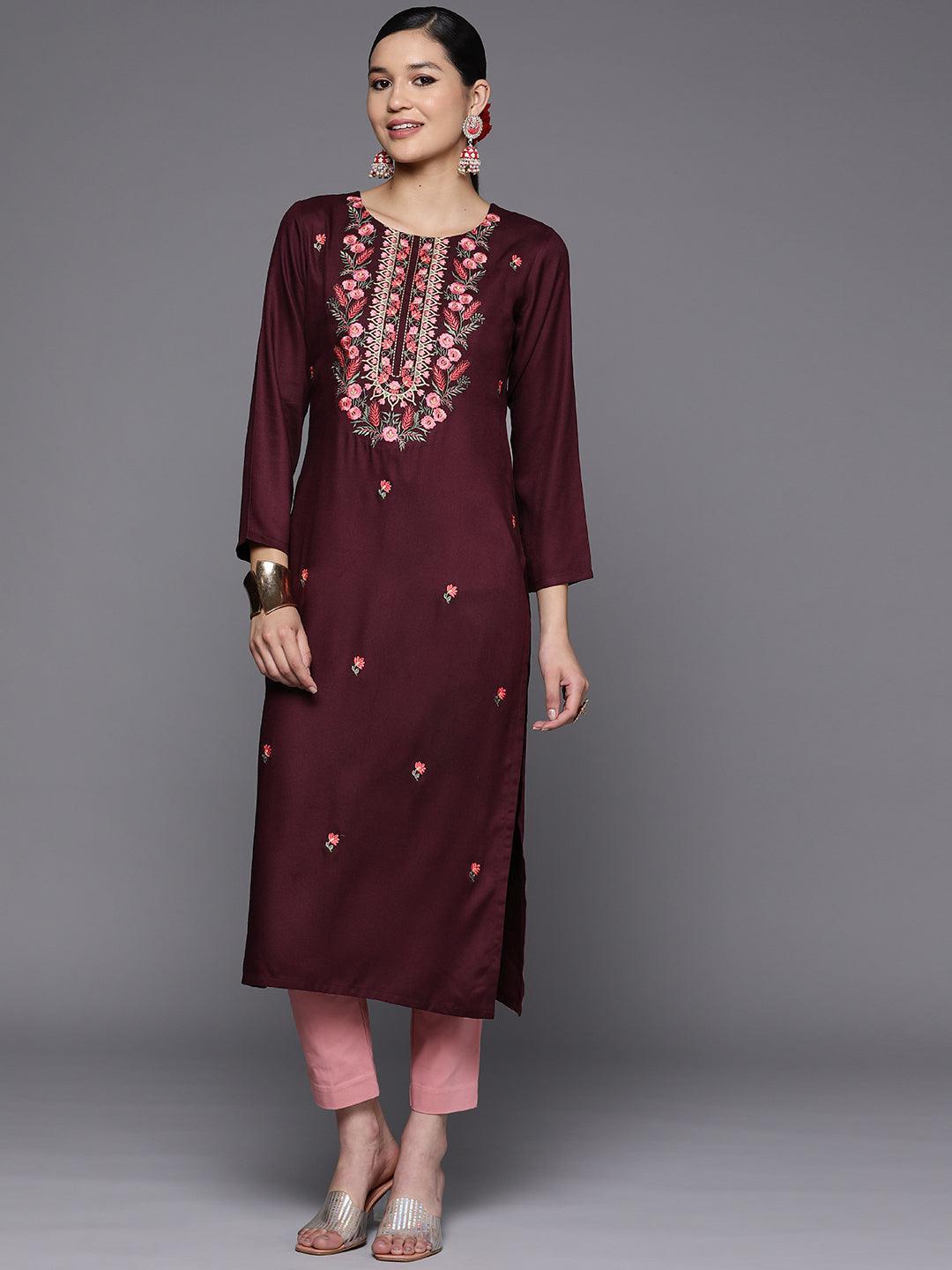 Burgundy Embroidered Wool Straight Kurta