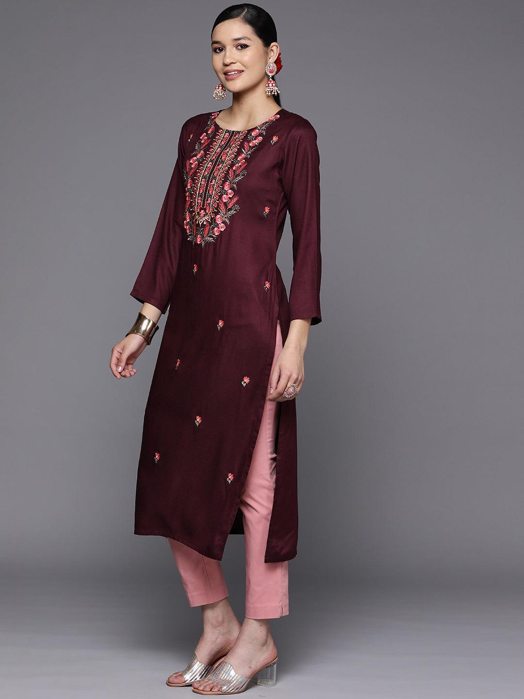 Burgundy Embroidered Wool Straight Kurta