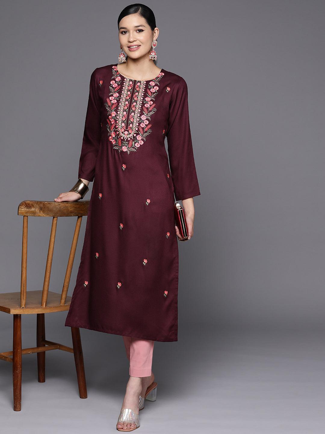 Burgundy Embroidered Wool Straight Kurta