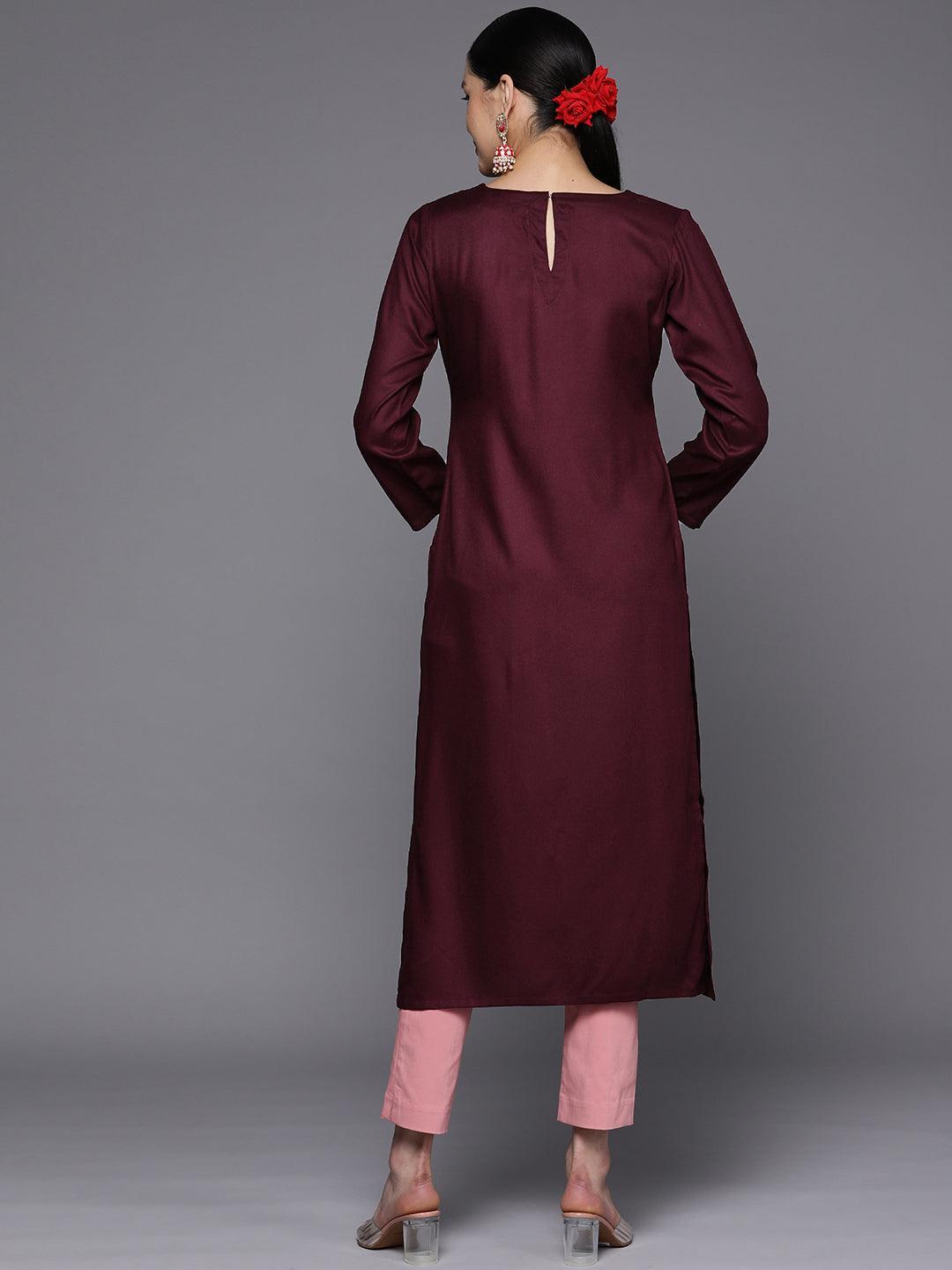 Burgundy Embroidered Wool Straight Kurta