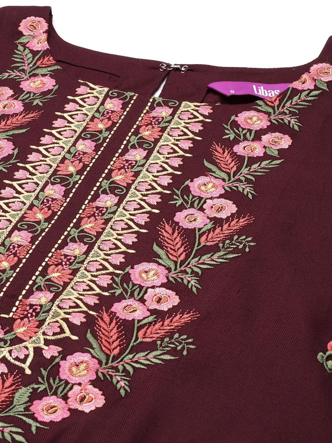 Burgundy Embroidered Wool Straight Kurta