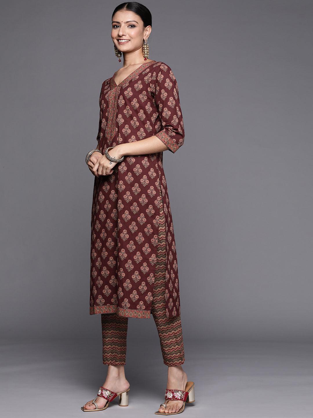 Burgundy Printed Cotton Straight Suit Set - ShopLibas