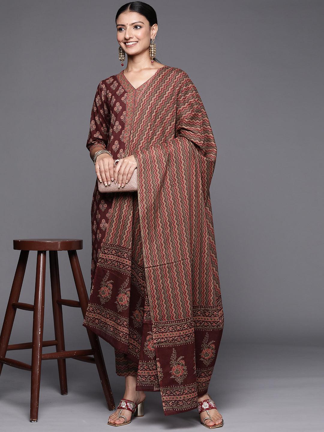 Burgundy Printed Cotton Straight Suit Set - ShopLibas