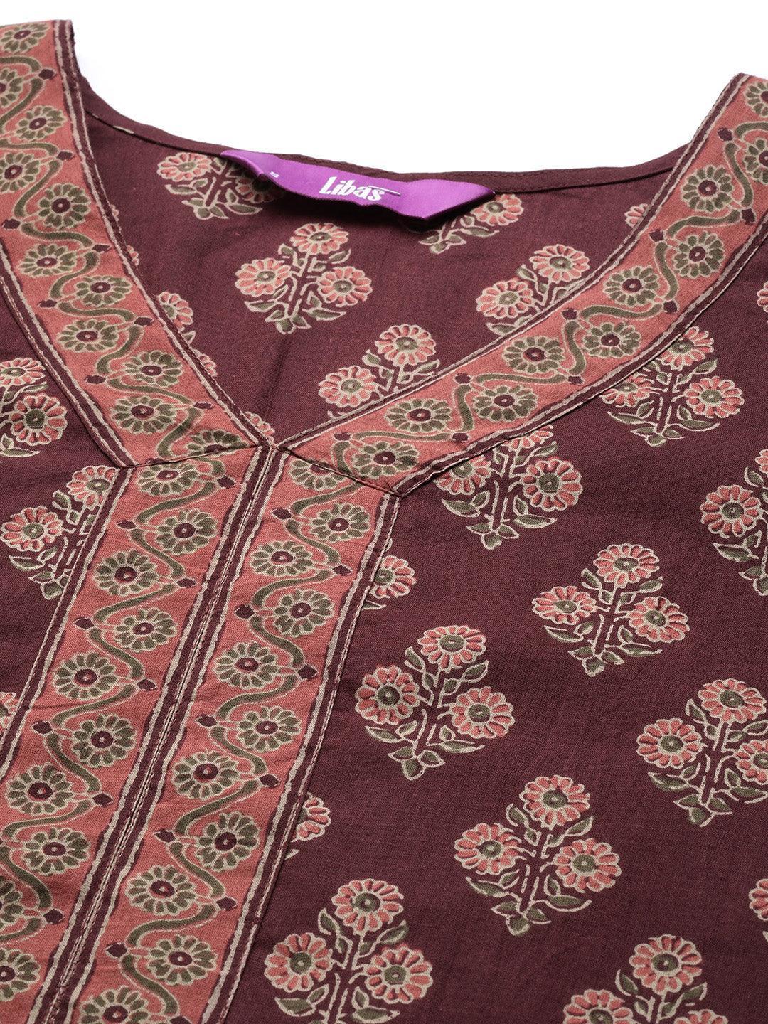 Burgundy Printed Cotton Straight Suit Set