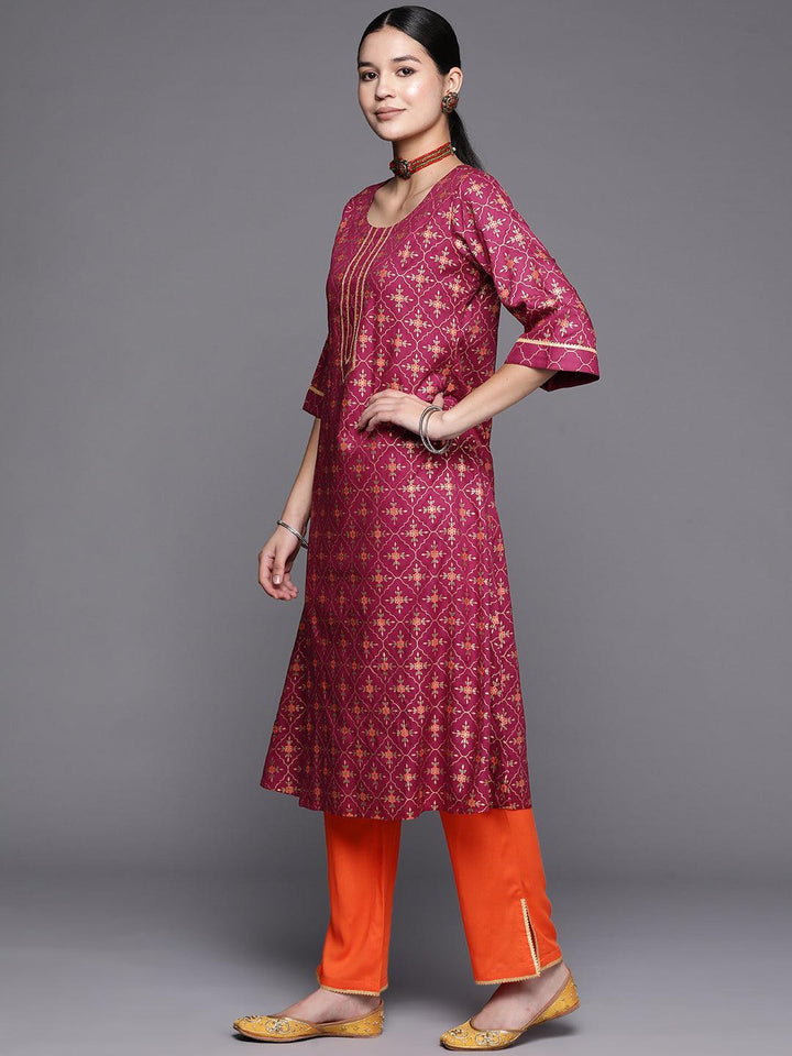 Burgundy Printed Rayon A-Line Suit Set With Trousers - ShopLibas