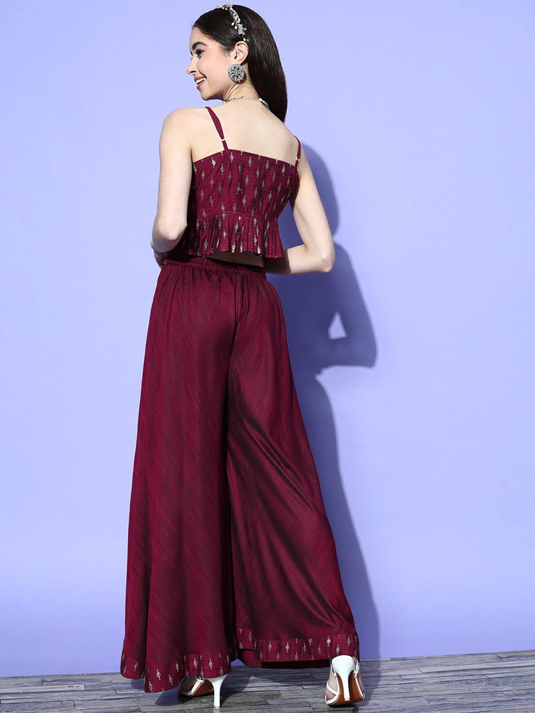 Burgundy Self Design Silk Blend Co-Ords - ShopLibas