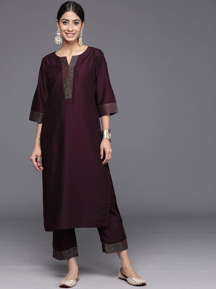 Burgundy Solid Silk Blend Straight Kurta With Trousers & Dupatta - Libas