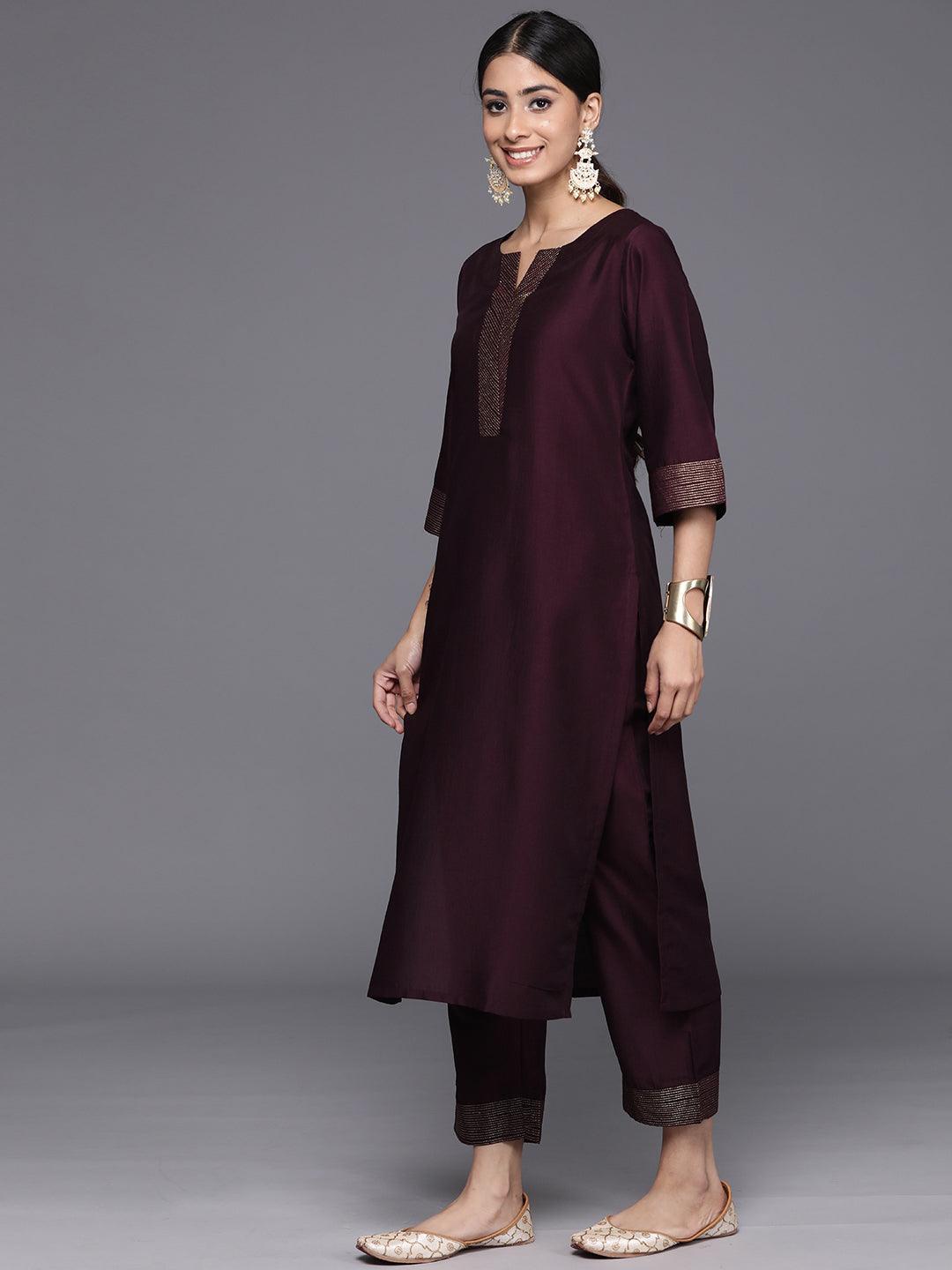 Burgundy Solid Silk Blend Straight Kurta With Trousers & Dupatta - Libas