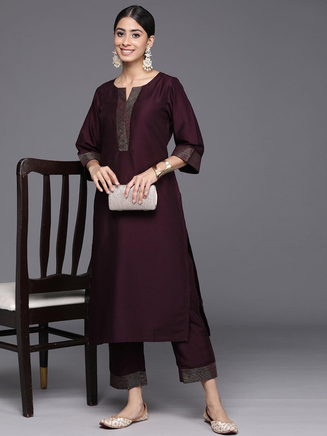 Burgundy Solid Silk Blend Straight Kurta With Trousers & Dupatta - Libas