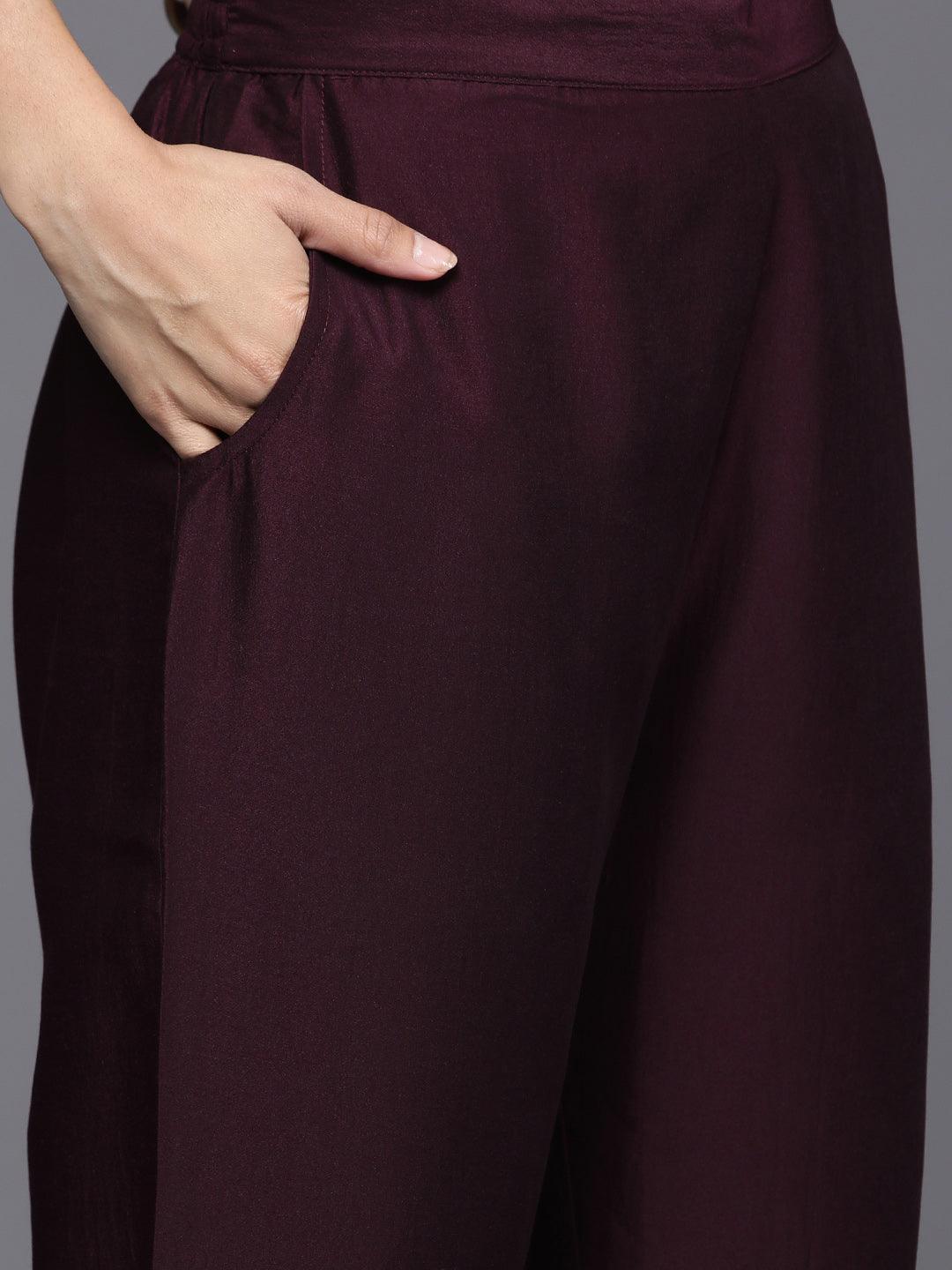 Burgundy Solid Silk Blend Straight Kurta With Trousers