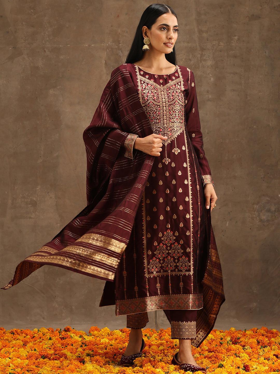 Burgundy Woven Design Silk Blend Straight Suit Set With Trousers - ShopLibas