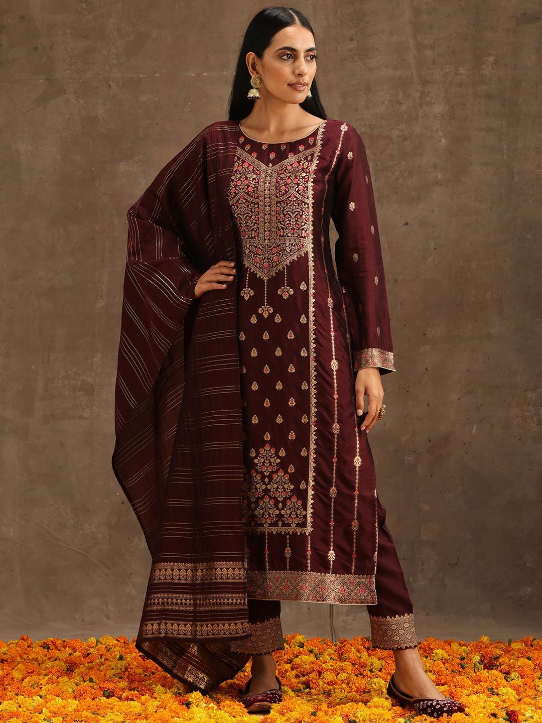 Burgundy Woven Design Silk Blend Straight Suit Set With Trousers - ShopLibas