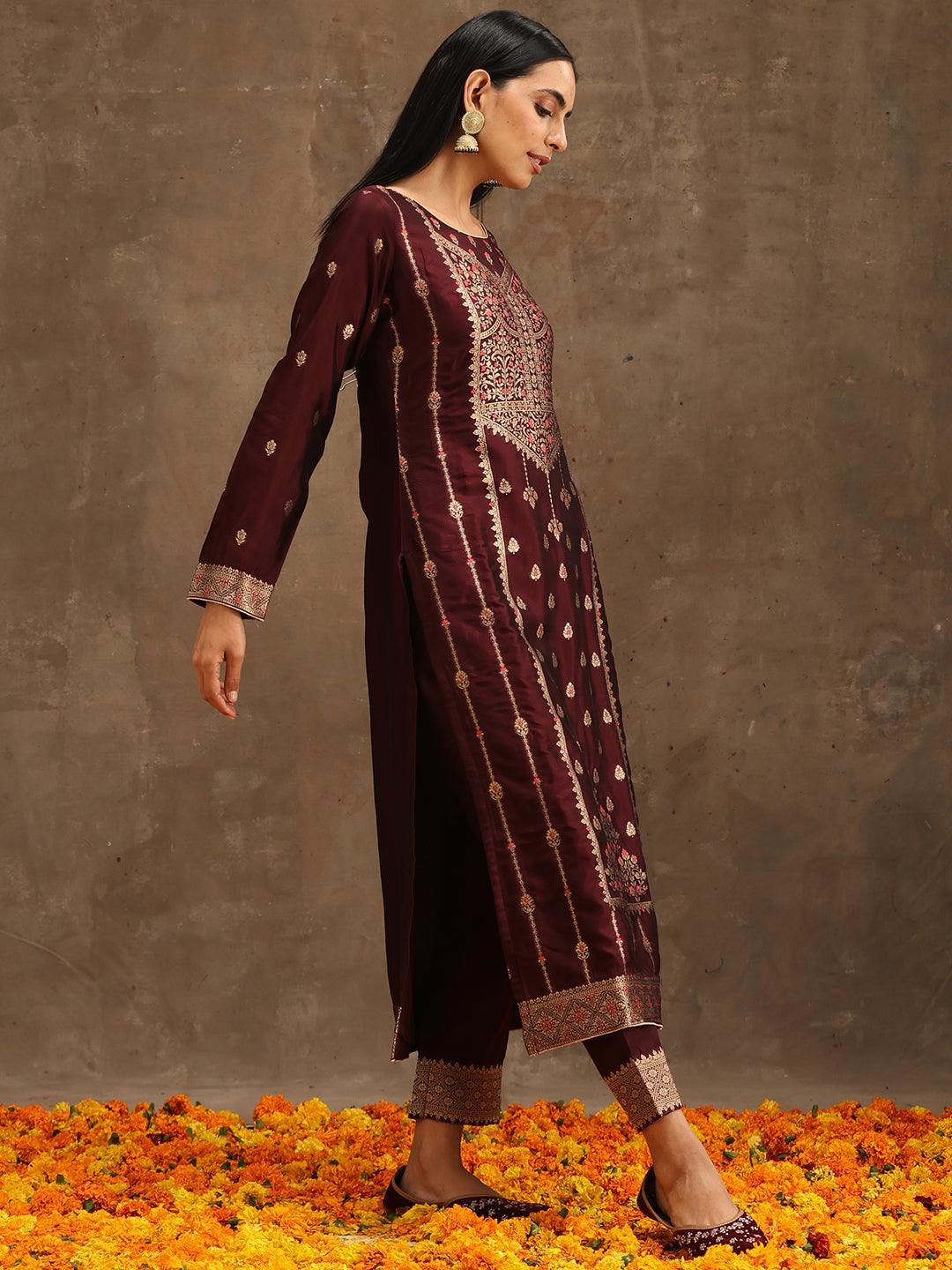 Burgundy Woven Design Silk Blend Straight Suit Set With Trousers - ShopLibas