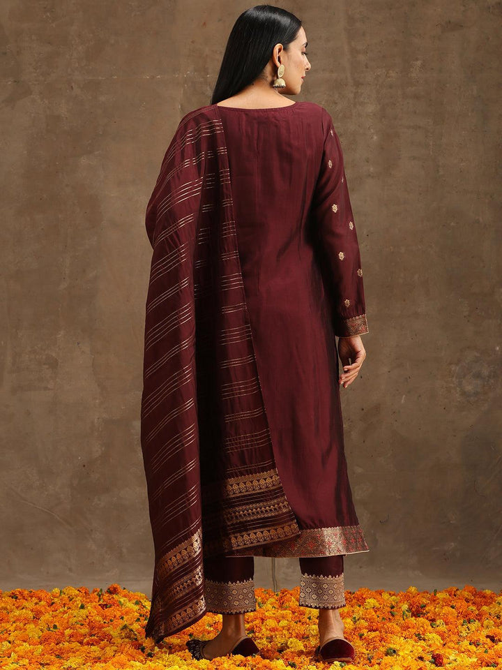 Burgundy Woven Design Silk Blend Straight Suit Set With Trousers - ShopLibas