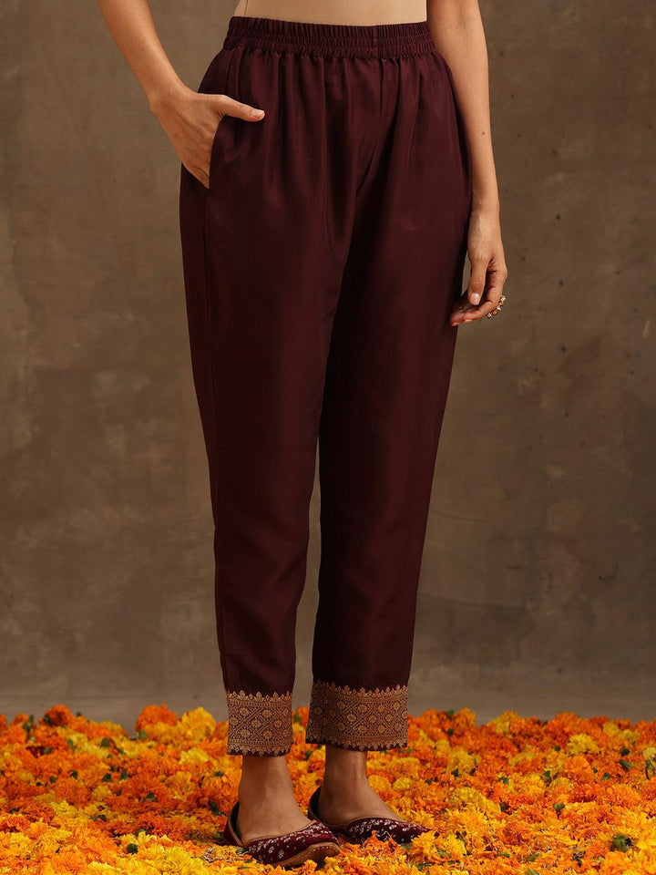 Burgundy Woven Design Silk Blend Straight Suit Set With Trousers - ShopLibas