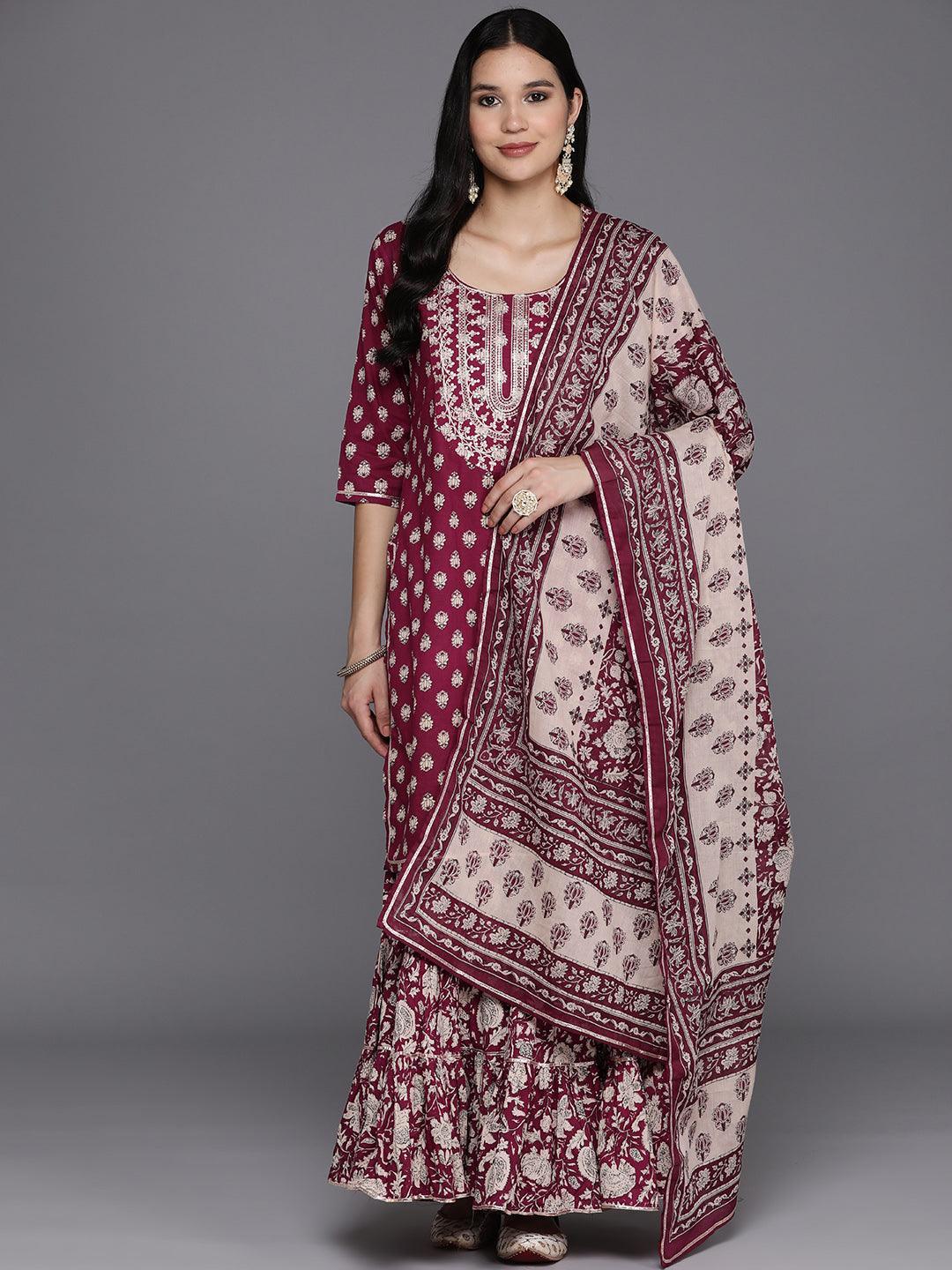 Burgundy Yoke Design Cotton Straight Kurta With Sharara & Dupatta