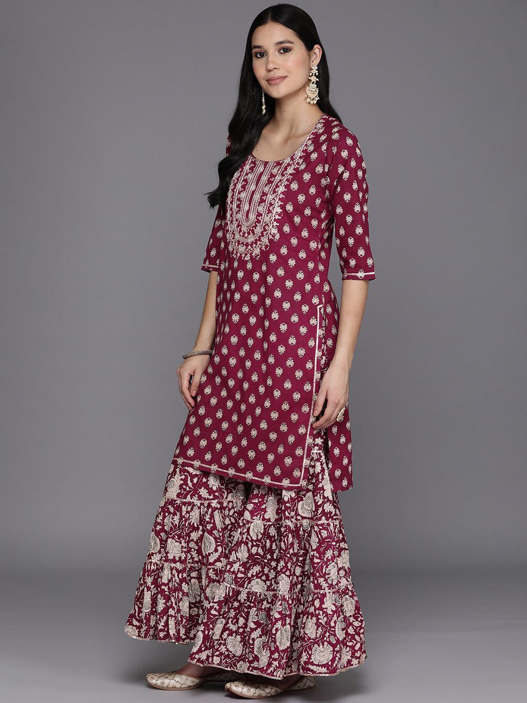 Burgundy Yoke Design Cotton Straight Kurta With Sharara & Dupatta