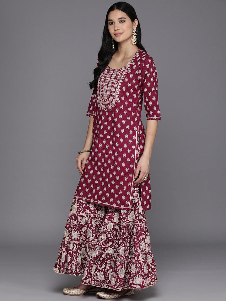 Burgundy Yoke Design Cotton Straight Suit Set With Sharara - Libas