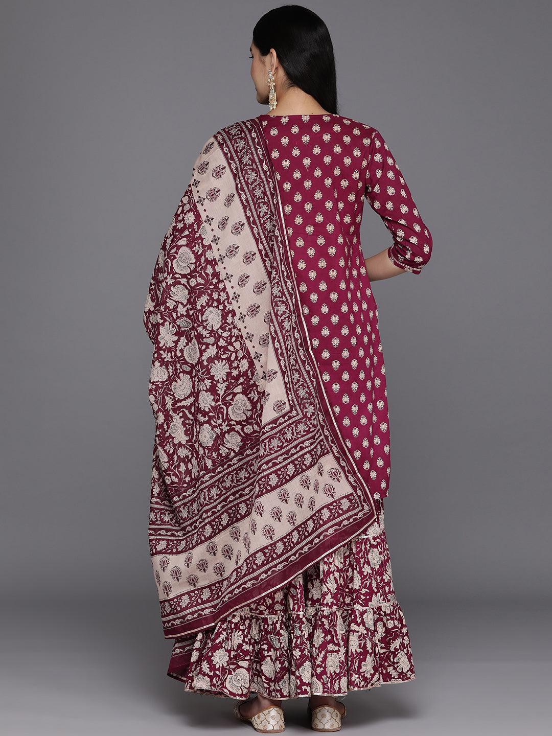 Burgundy Yoke Design Cotton Straight Kurta With Sharara & Dupatta