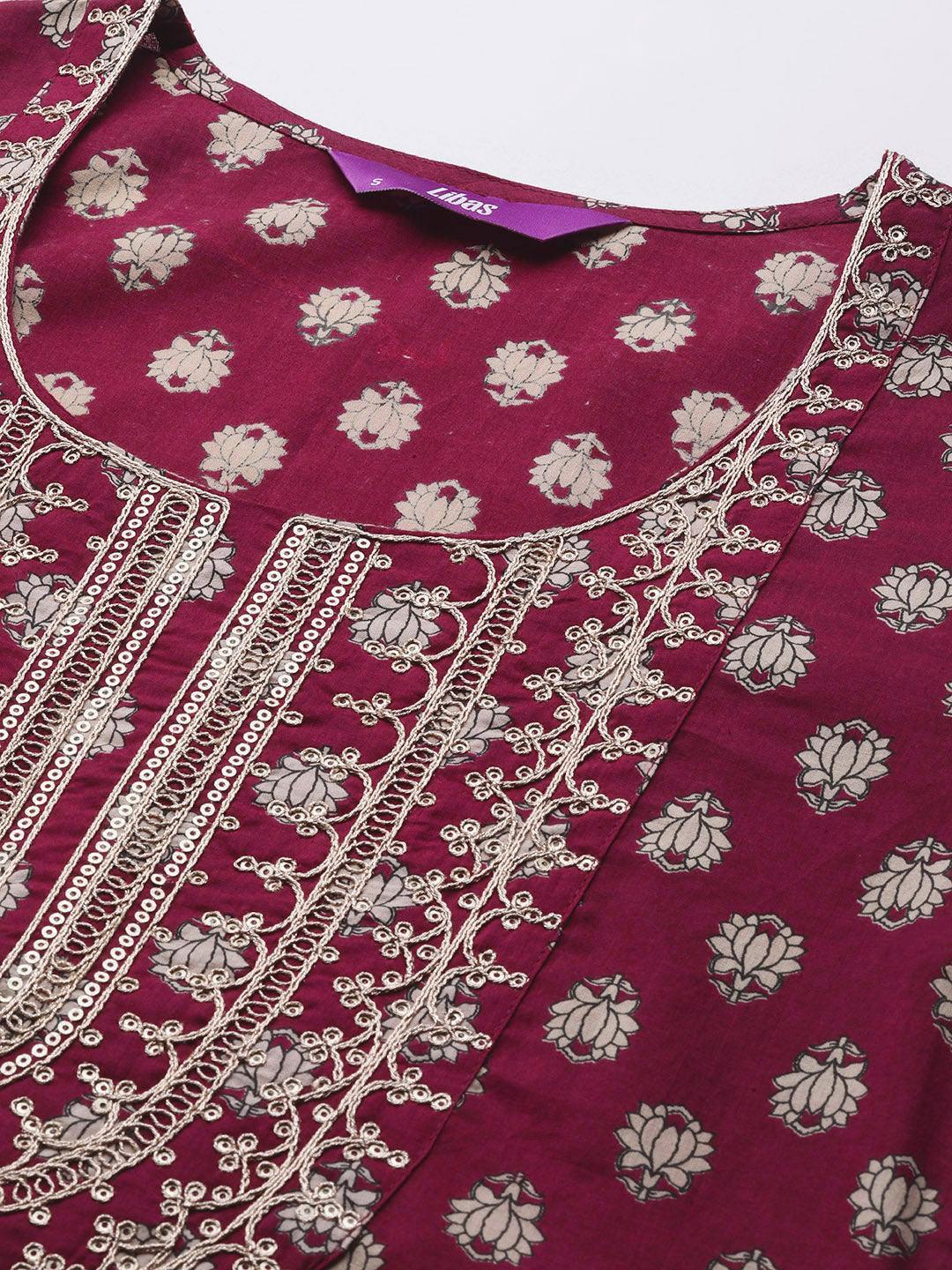 Burgundy Yoke Design Cotton Straight Kurta With Sharara & Dupatta