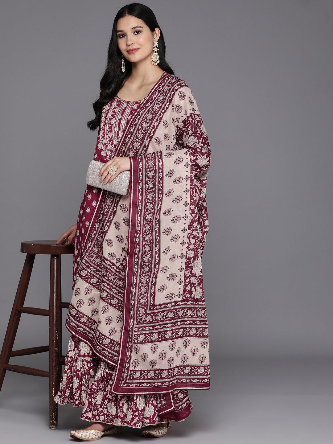 Burgundy Yoke Design Cotton Straight Kurta With Sharara & Dupatta