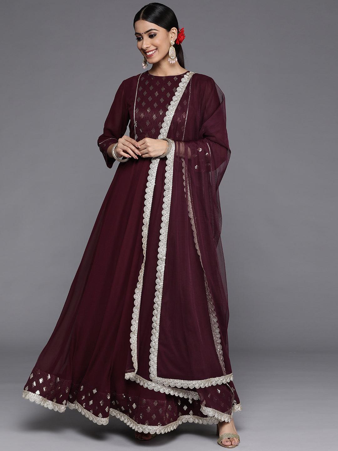 Burgundy Yoke Design Georgette Anarkali Kurta With Churidar & Dupatta