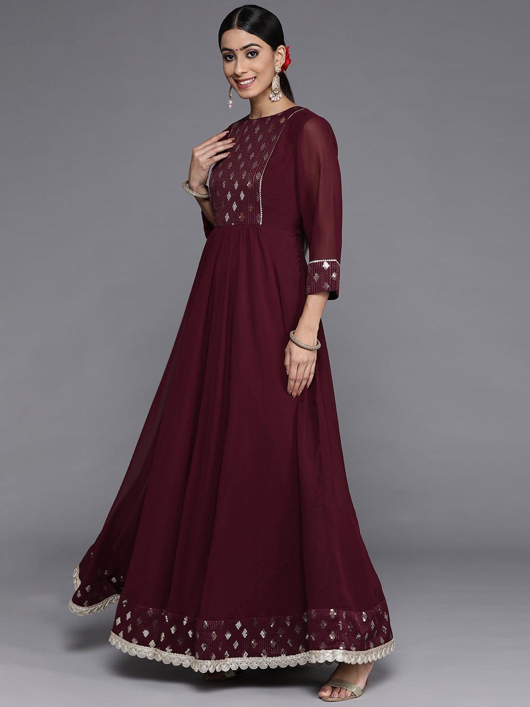 Burgundy Yoke Design Georgette Anarkali Kurta With Churidar & Dupatta