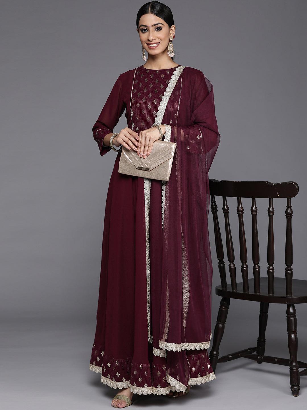 Burgundy Yoke Design Georgette Anarkali Kurta With Churidar & Dupatta