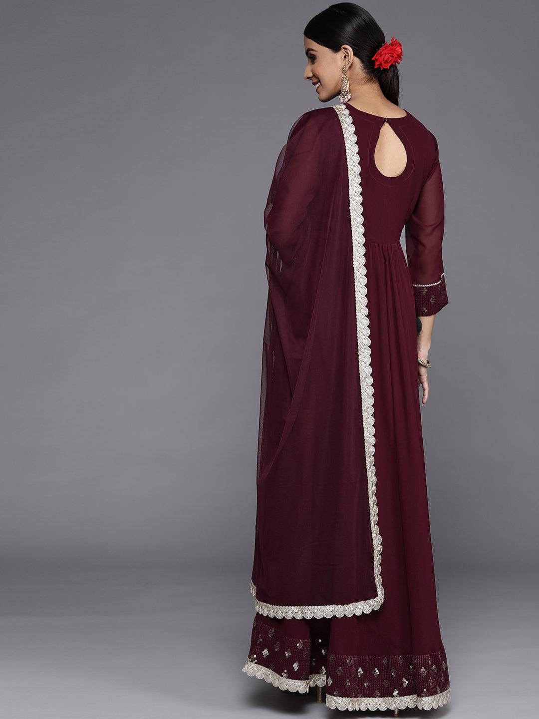 Burgundy Yoke Design Georgette Anarkali Kurta With Churidar & Dupatta