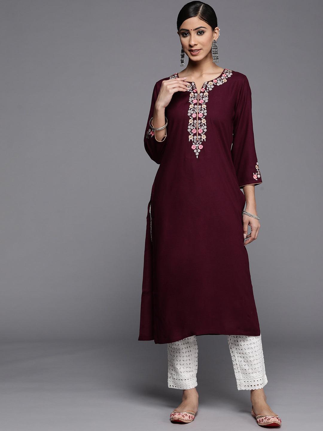 Burgundy Yoke Design Rayon Kurta