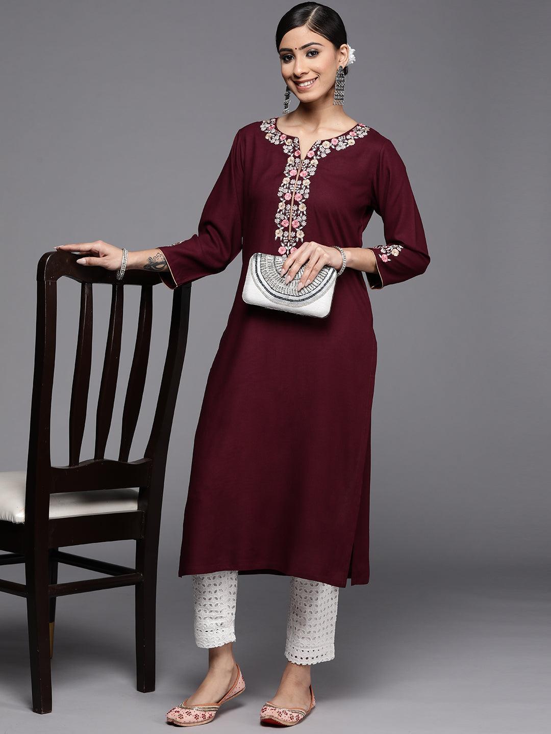 Burgundy Yoke Design Rayon Kurta