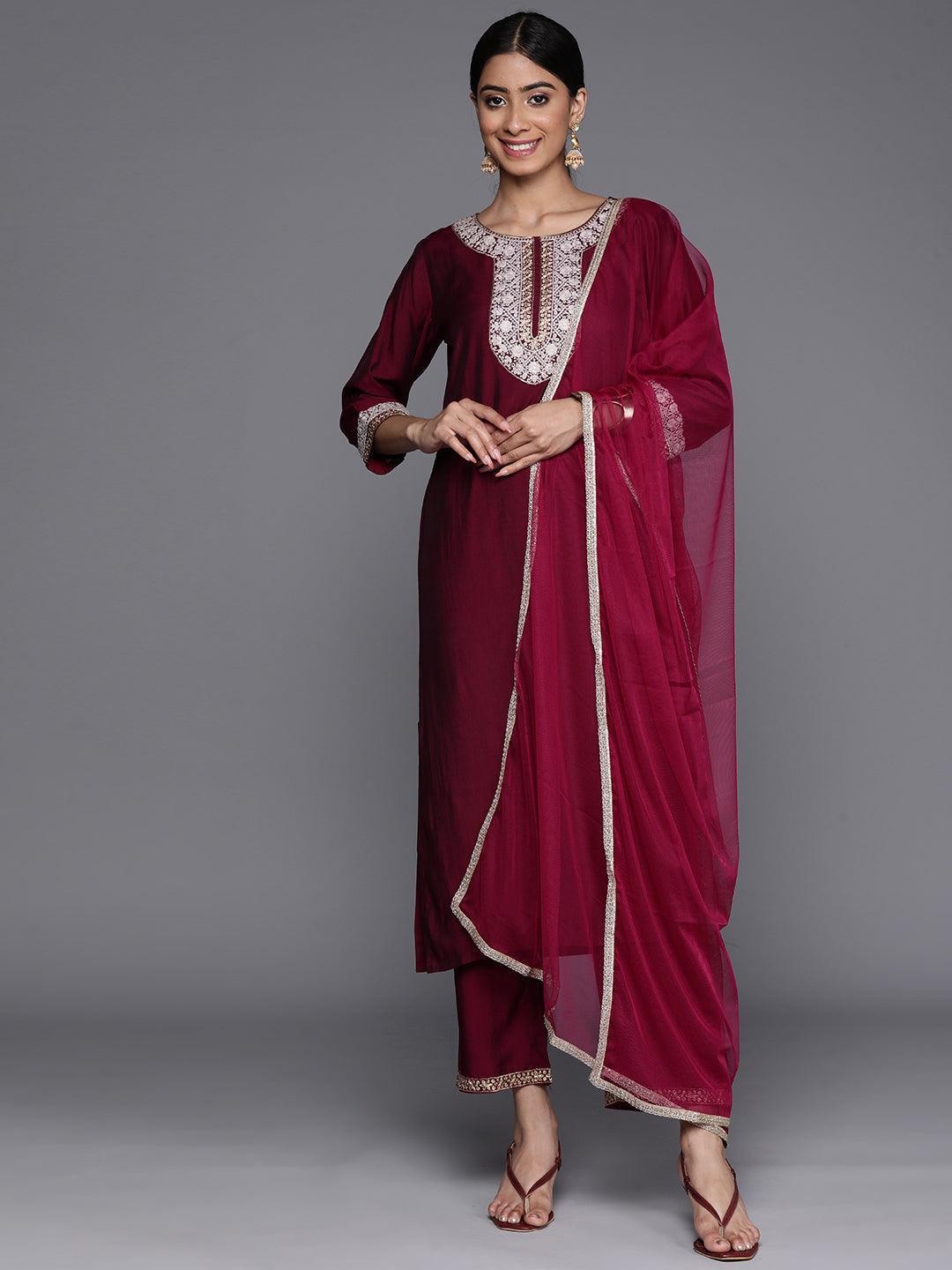 Burgundy Embroidered Silk Blend Suit Set With Trousers - ShopLibas