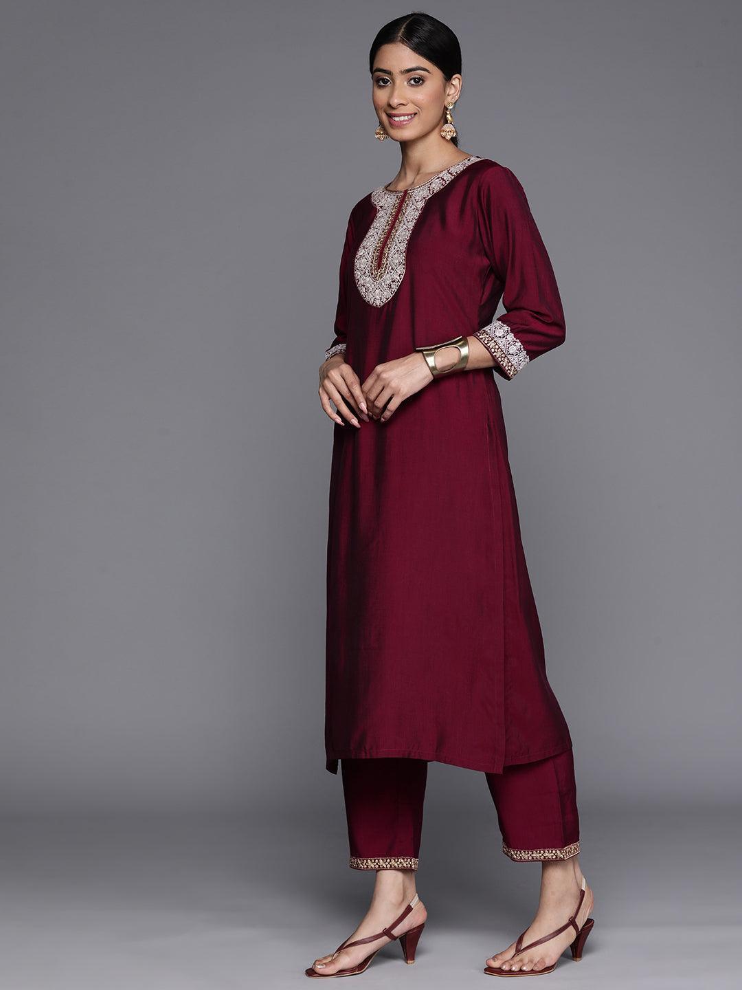 Burgundy Embroidered Silk Blend Suit Set With Trousers - ShopLibas