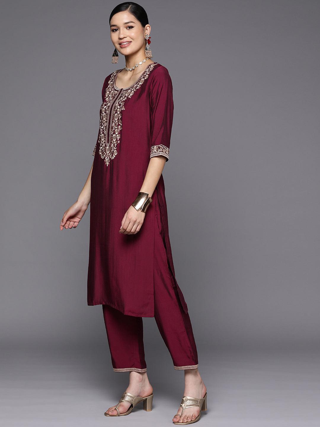 Burgundy Yoke Design Silk Blend Straight Kurta With Dupatta