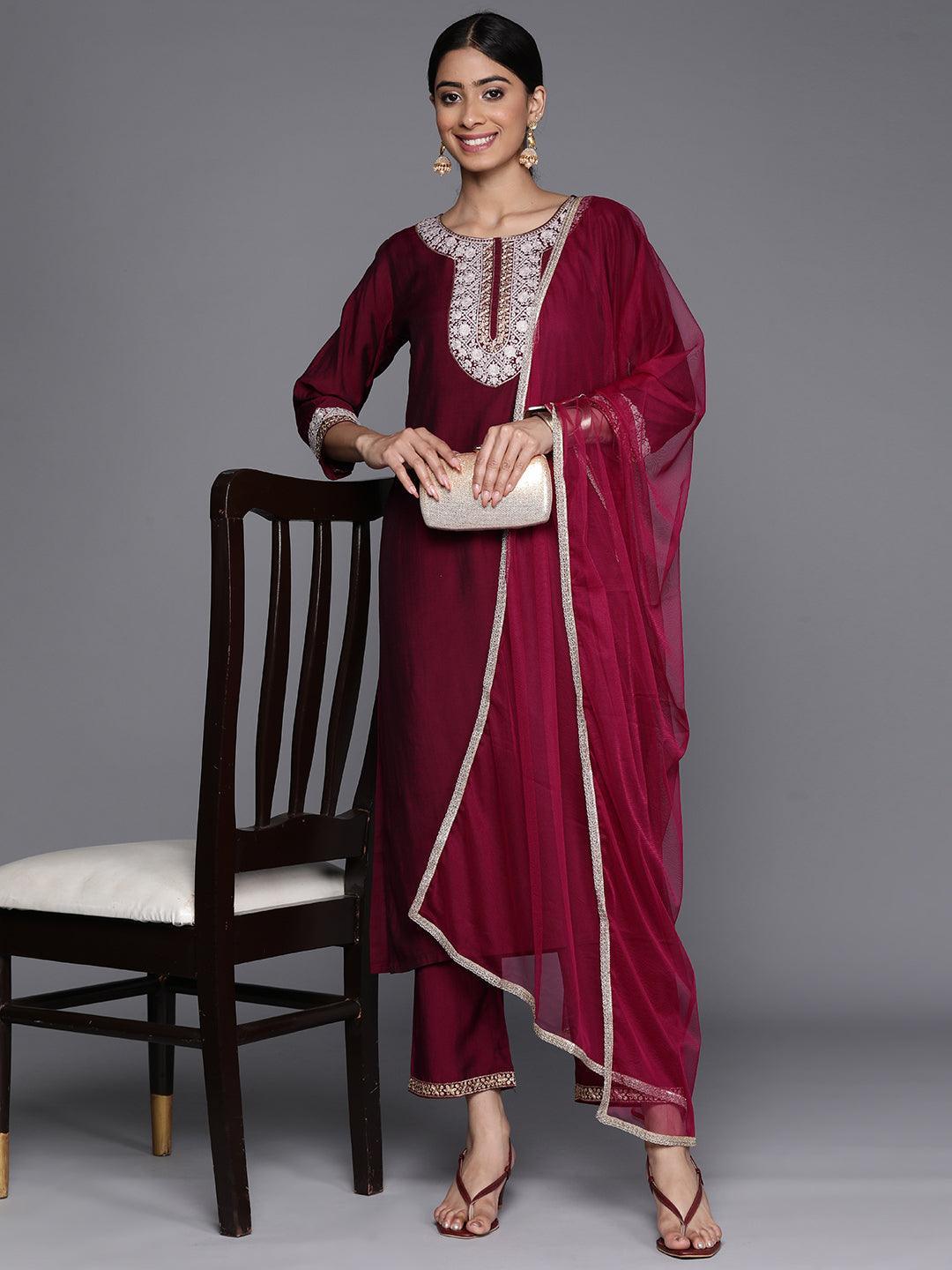 Burgundy Embroidered Silk Blend Suit Set With Trousers - ShopLibas