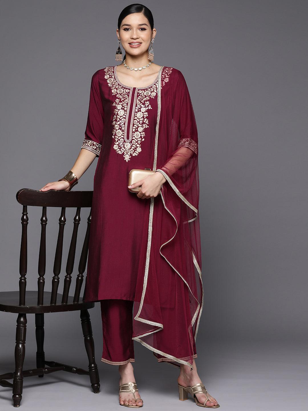 Burgundy Yoke Design Silk Blend Straight Kurta With Dupatta