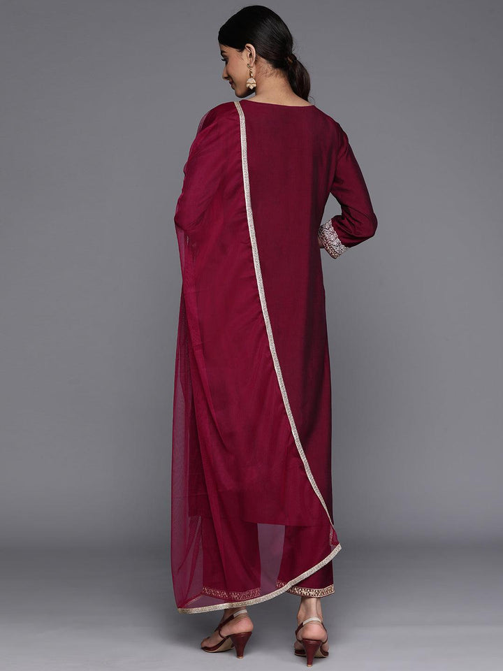 Burgundy Embroidered Silk Blend Suit Set With Trousers - ShopLibas