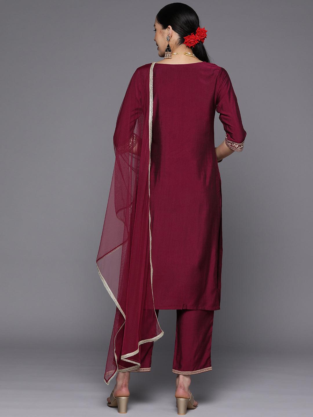 Burgundy Yoke Design Silk Blend Straight Kurta With Dupatta