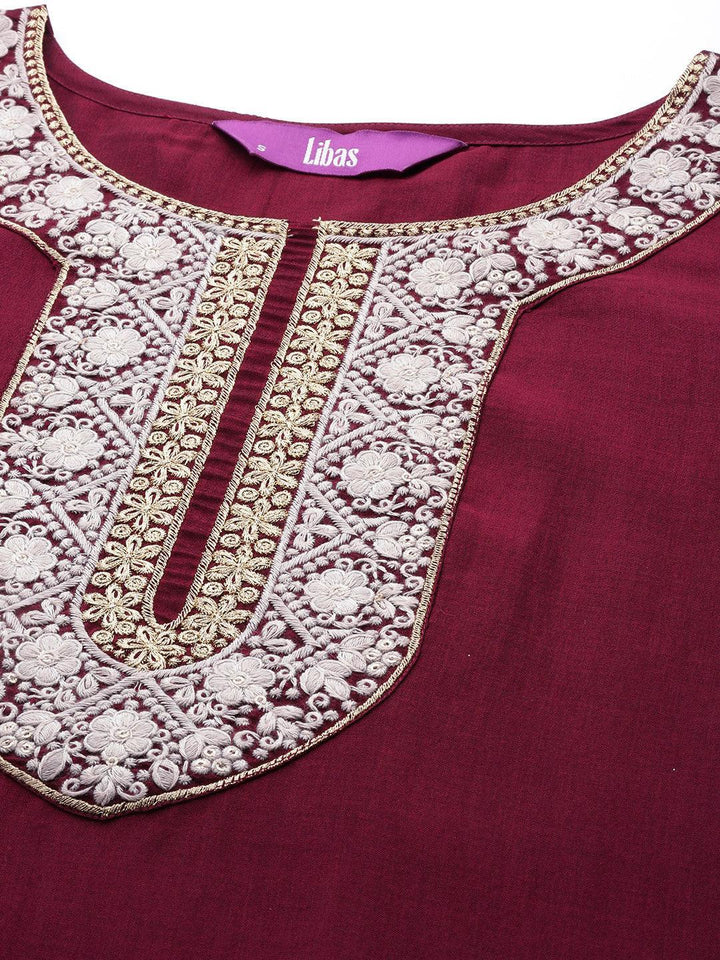 Burgundy Embroidered Silk Blend Suit Set With Trousers - ShopLibas