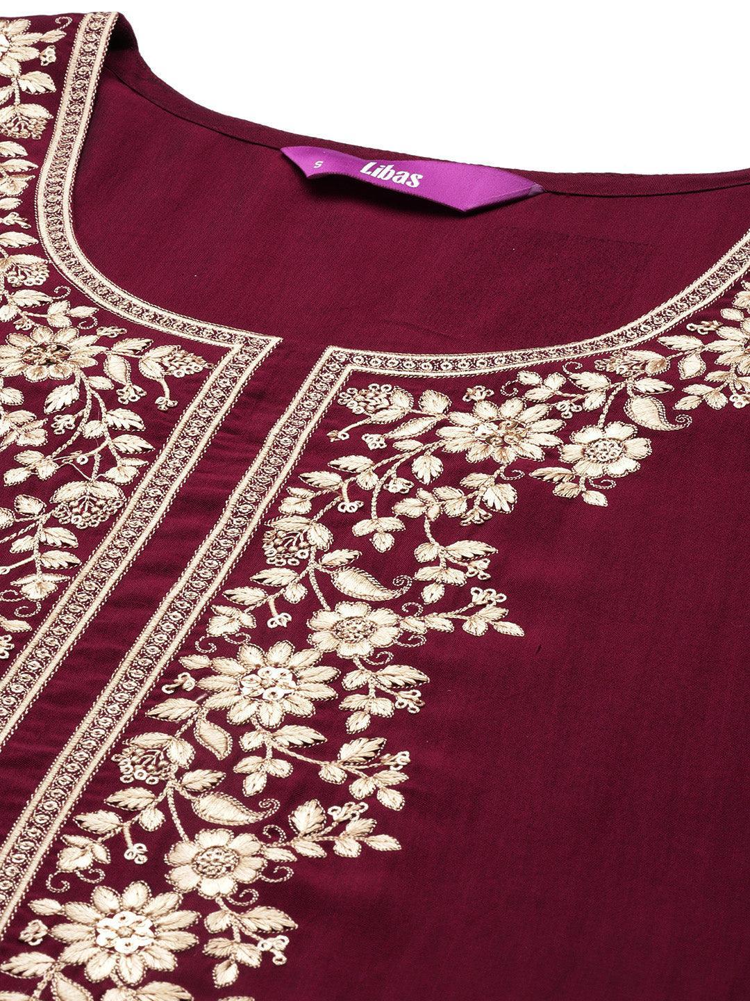 Burgundy Yoke Design Silk Blend Straight Kurta With Dupatta