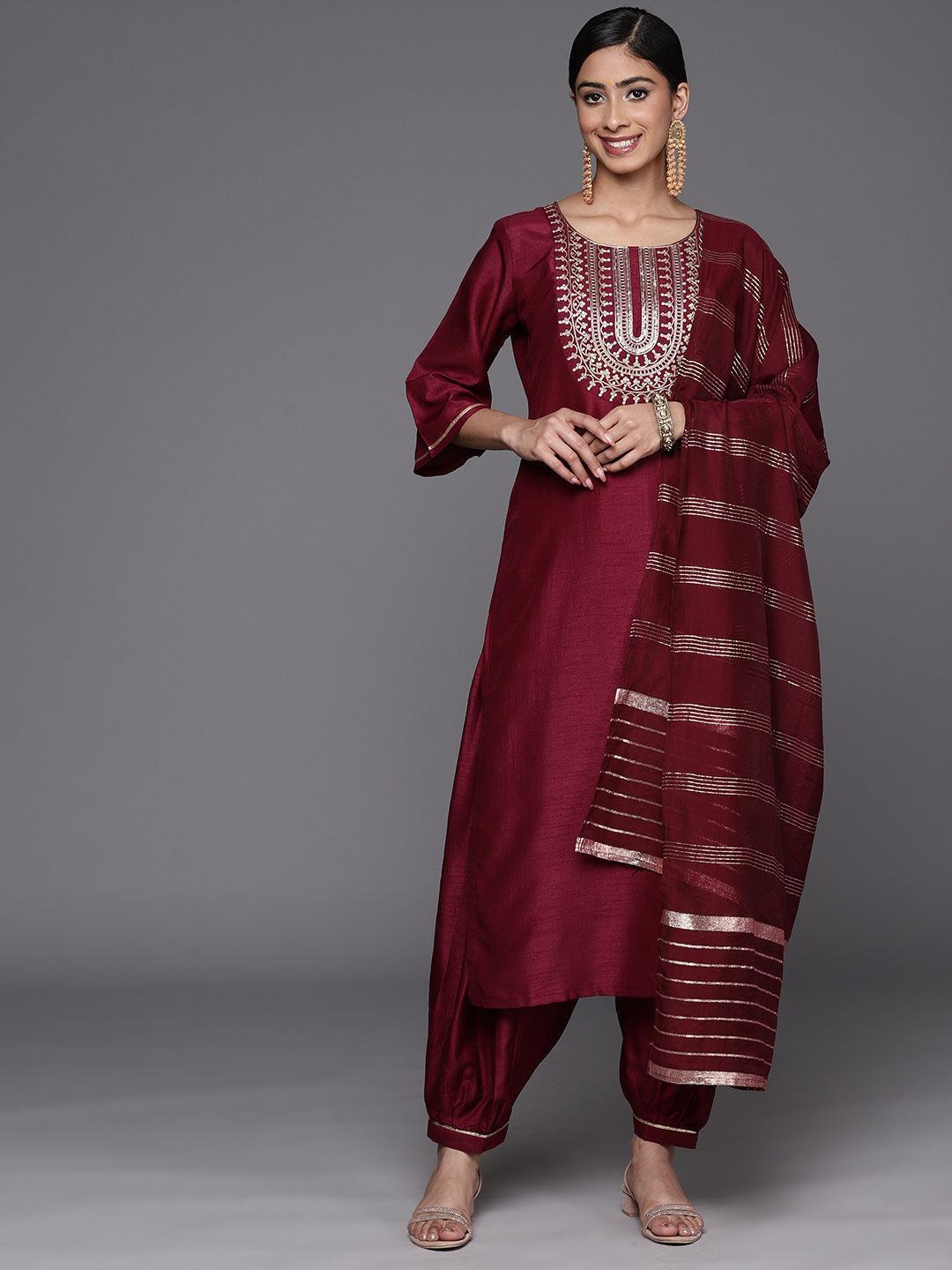 Burgundy Yoke Design Silk Blend Straight Suit Set With Salwar