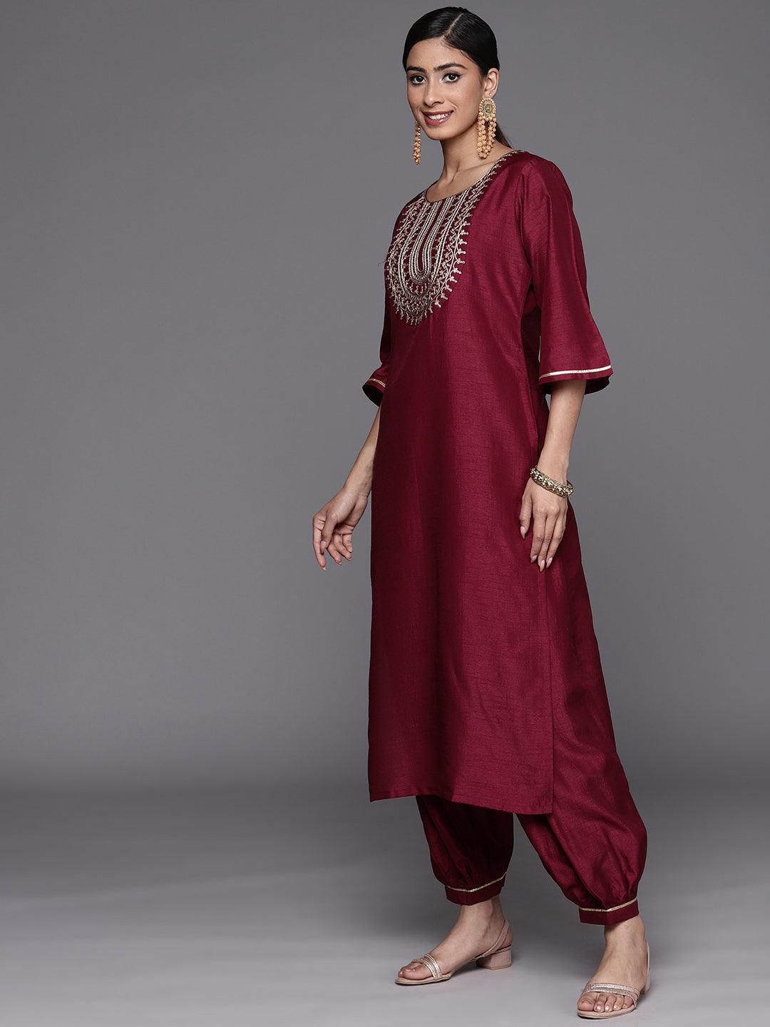 Burgundy Yoke Design Silk Blend Straight Suit Set With Salwar