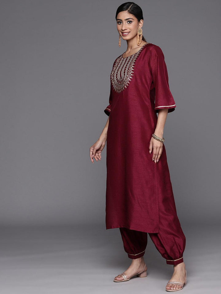 Burgundy Yoke Design Silk Blend Straight Suit Set With Salwar - ShopLibas