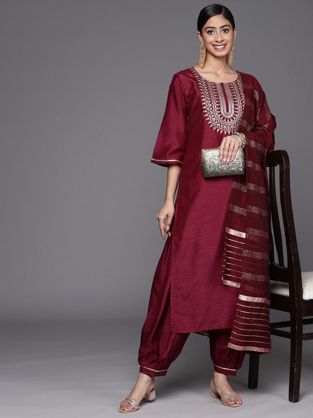 Burgundy Yoke Design Silk Blend Straight Suit Set With Salwar