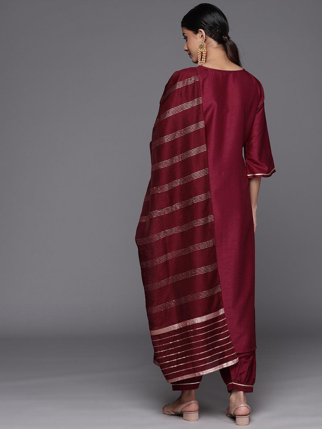 Burgundy Yoke Design Silk Blend Straight Suit Set With Salwar