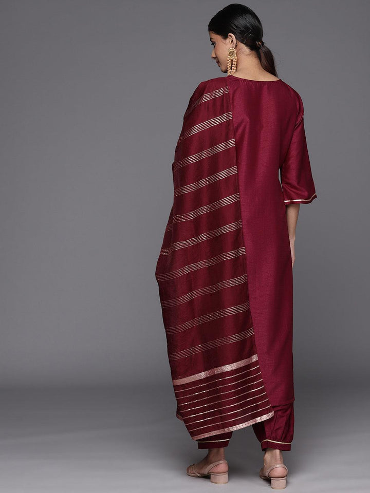 Burgundy Yoke Design Silk Blend Straight Suit Set With Salwar - ShopLibas