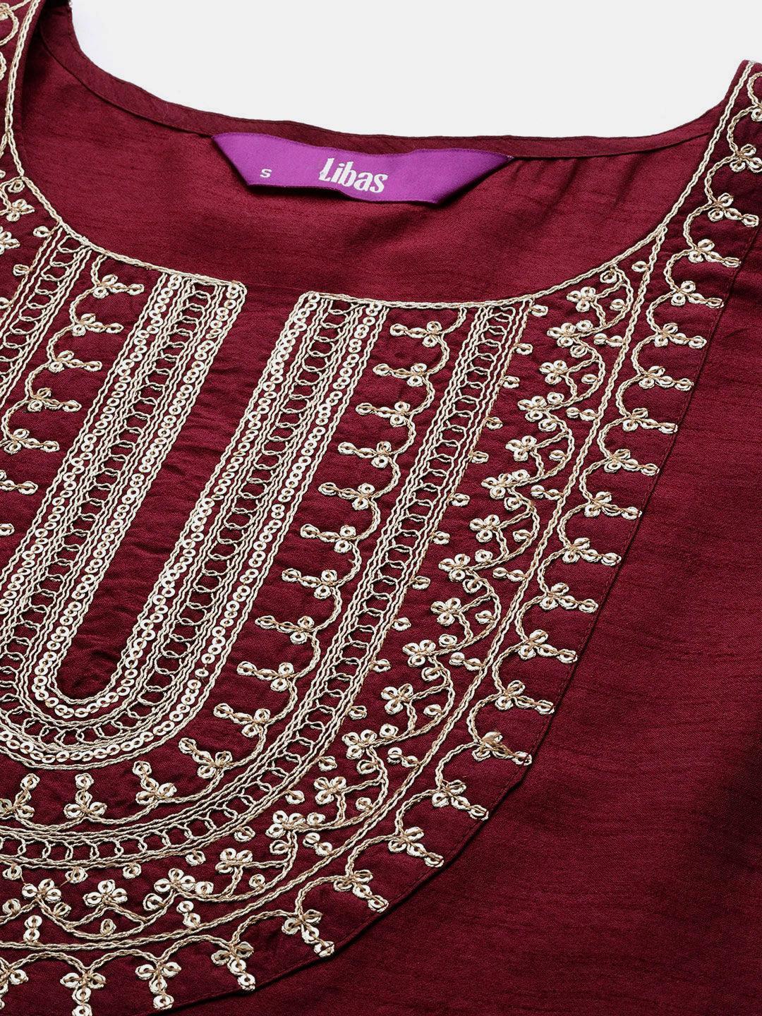 Burgundy Yoke Design Silk Blend Straight Suit Set With Salwar