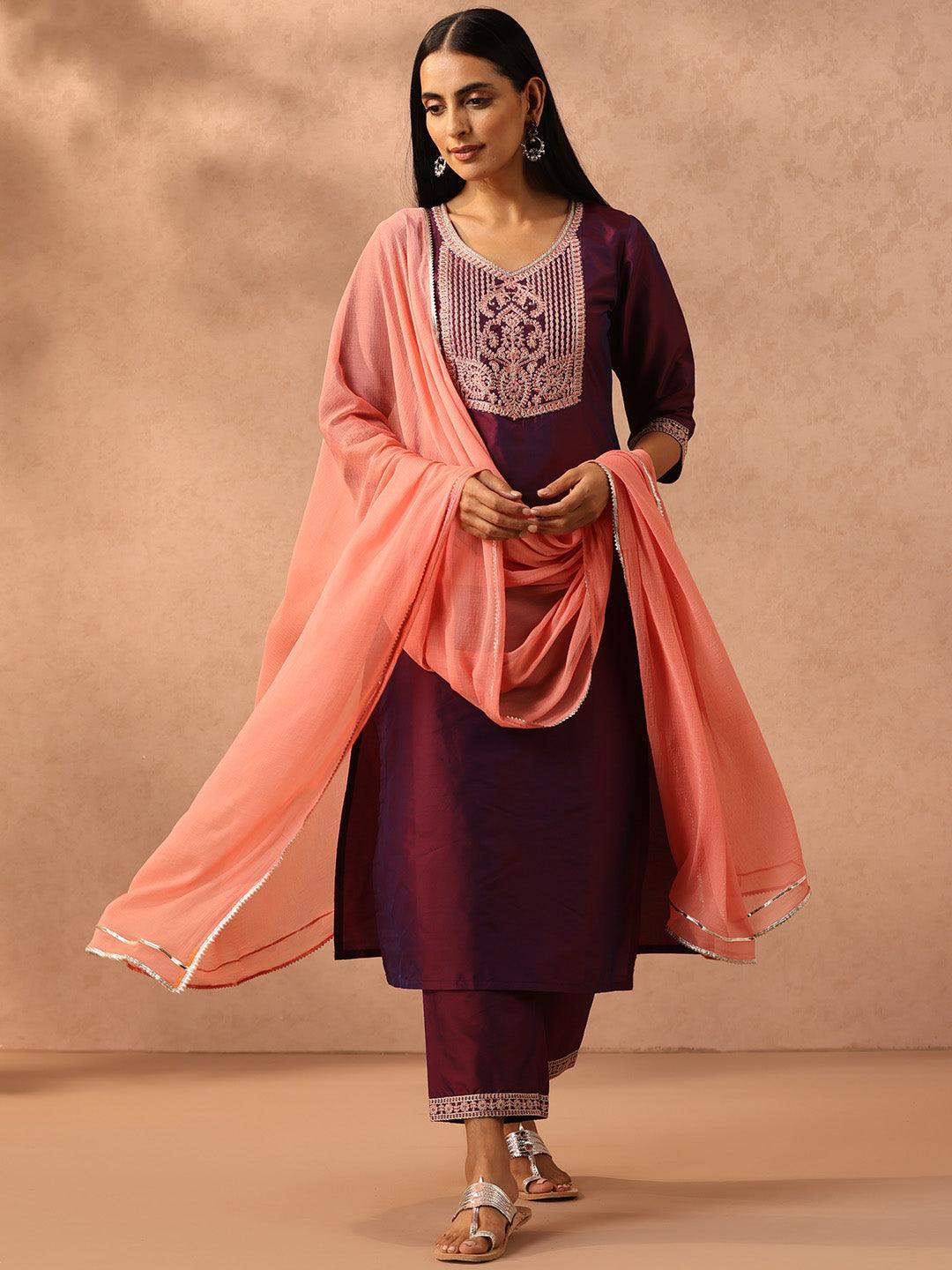 Burgundy Yoke Design Silk Blend Suit Set With Trousers - ShopLibas