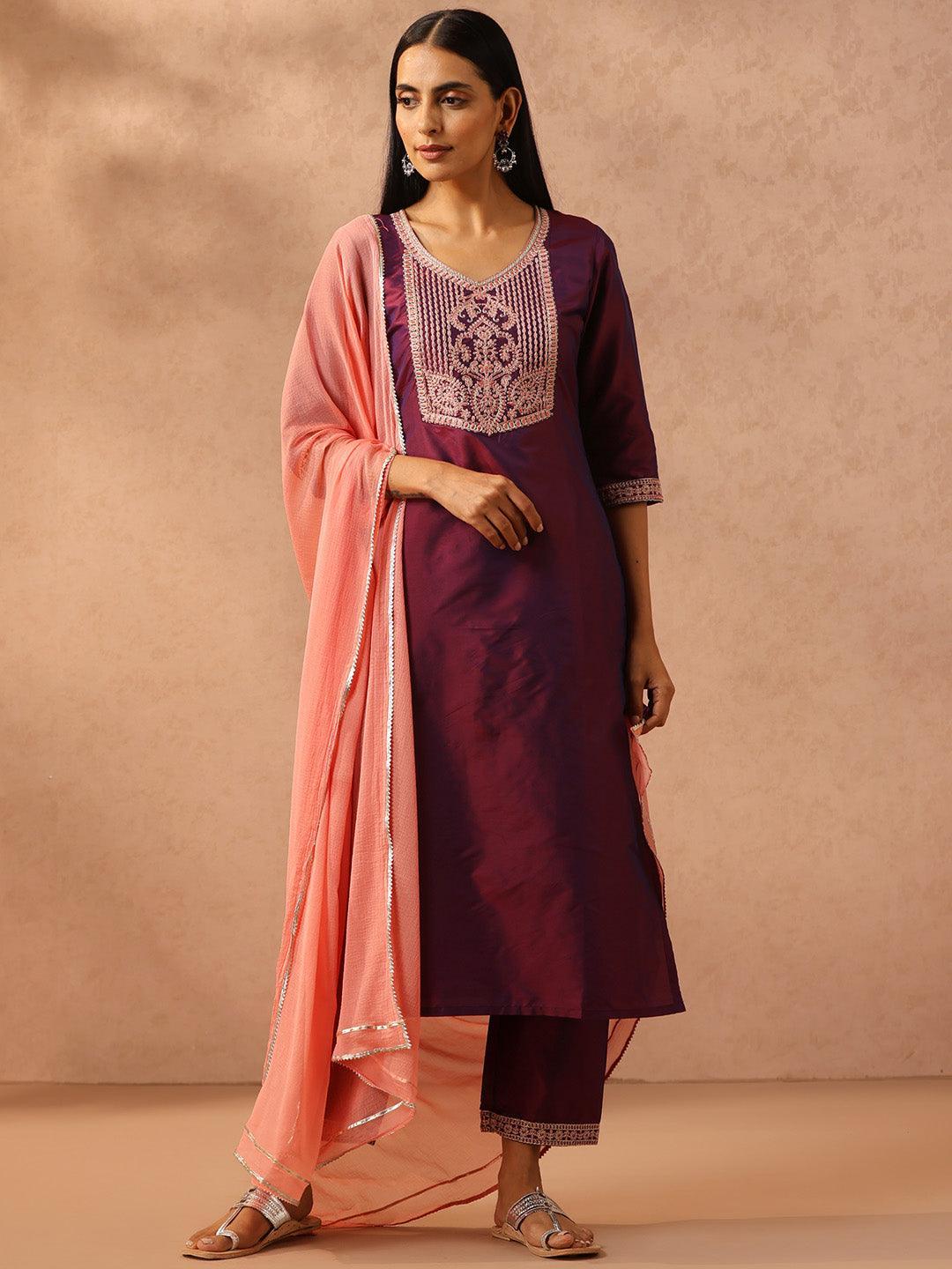 Burgundy Yoke Design Silk Blend Suit Set With Trousers - ShopLibas