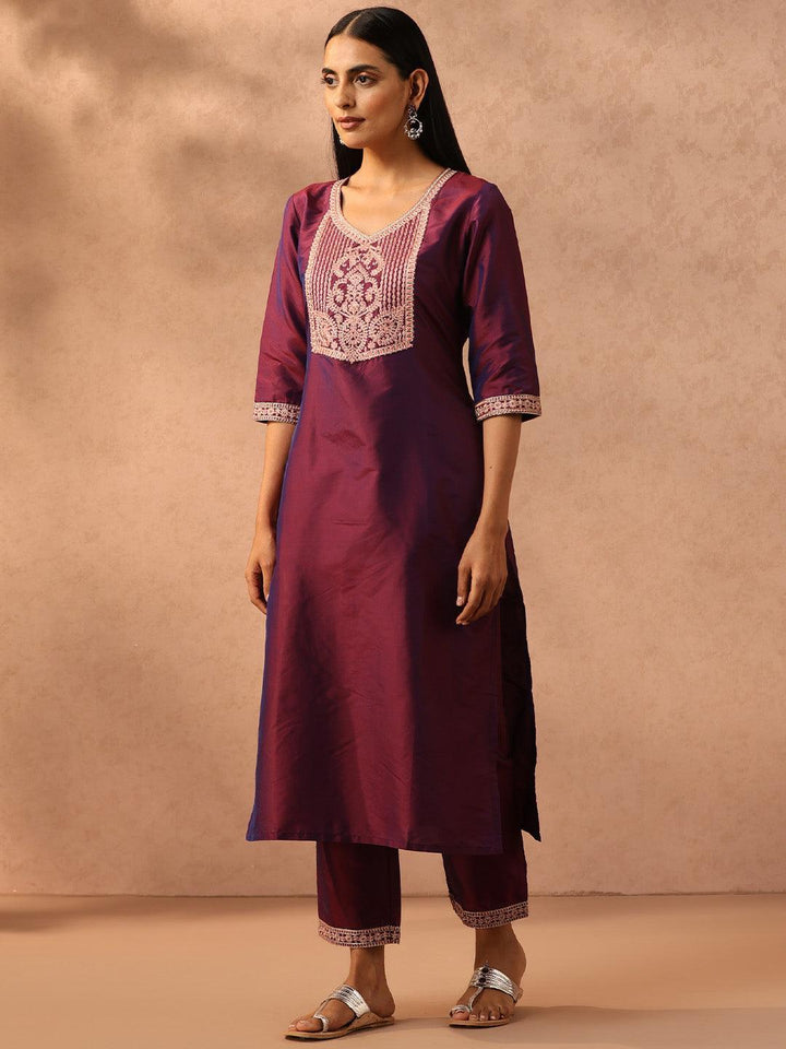 Burgundy Yoke Design Silk Blend Suit Set With Trousers - ShopLibas